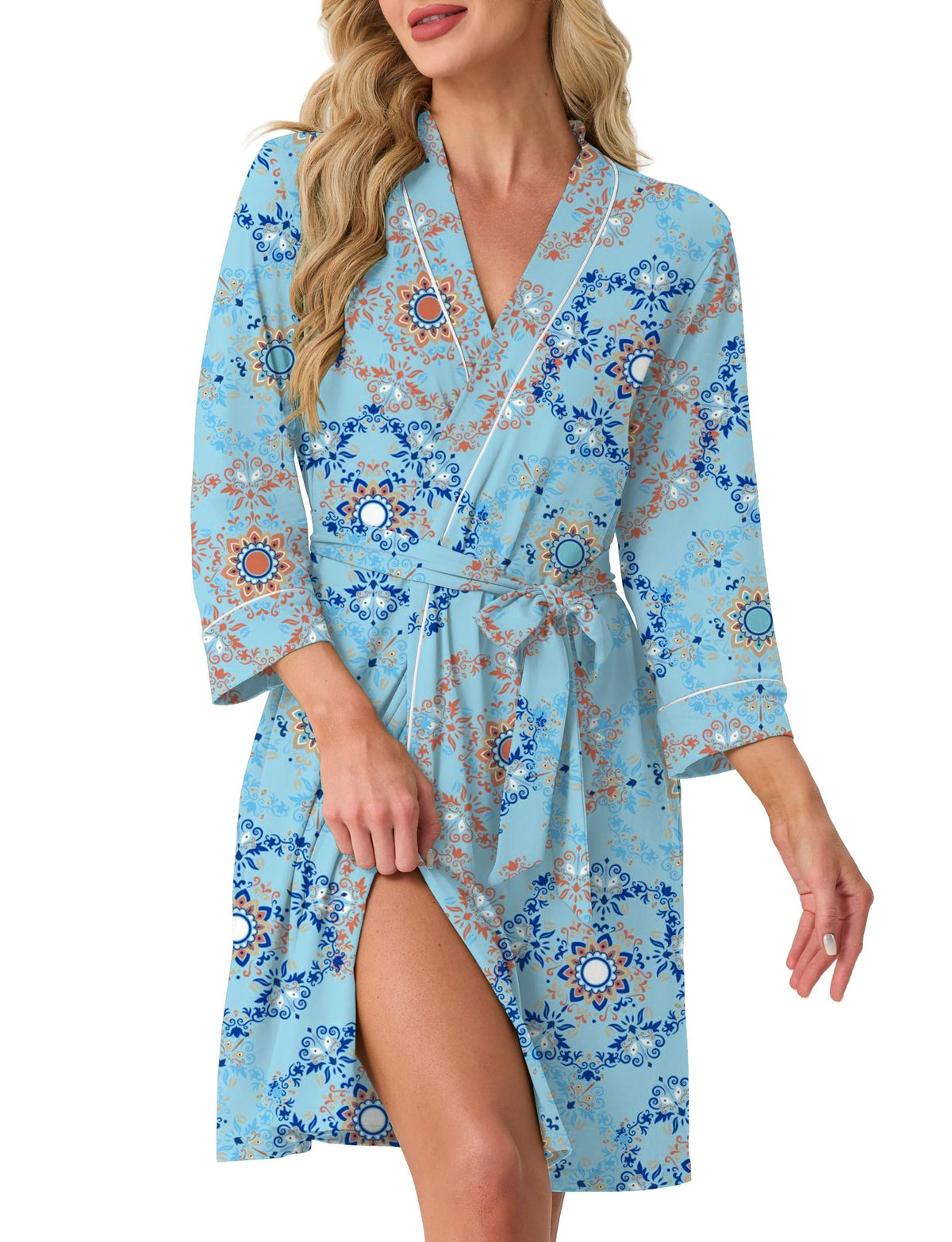 PrinStory Womens Robe Knee Length Soft Knit Bathrobe S-2XL