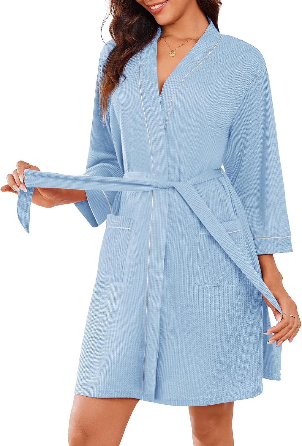 Ekouaer Women Robes Waffle Knee Length Bathrobe Lightweight Soft Sleepwear V neck 3/4 Sleeve Casual Ladies Loungewear S-XXL
