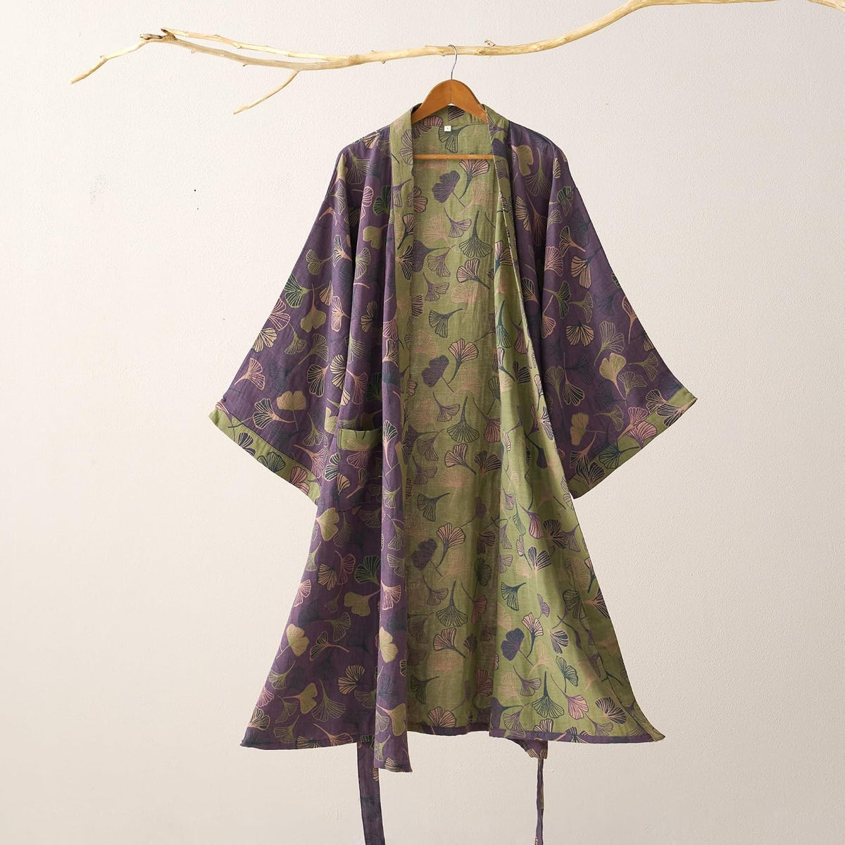 100% Cotton Gauze Ginkgo Leaf Kimono Robe, Long Knit Loose Loungewear Bathrobe Nightgown Ladies Sleepwear for Women