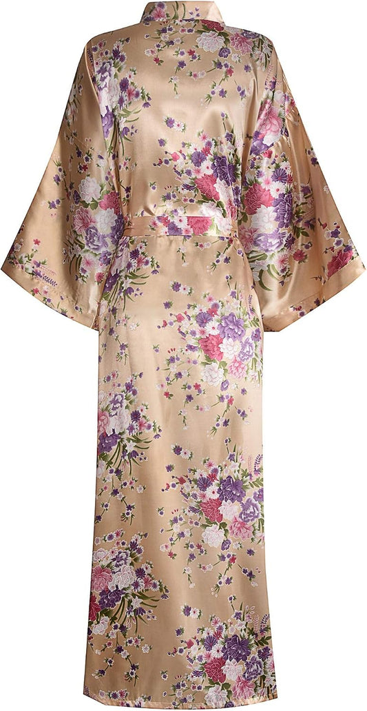 Women's Long Kimono Robes Silky Floral Bathrobe with Blossoms Printed Bridesmaid Wedding Nightgown