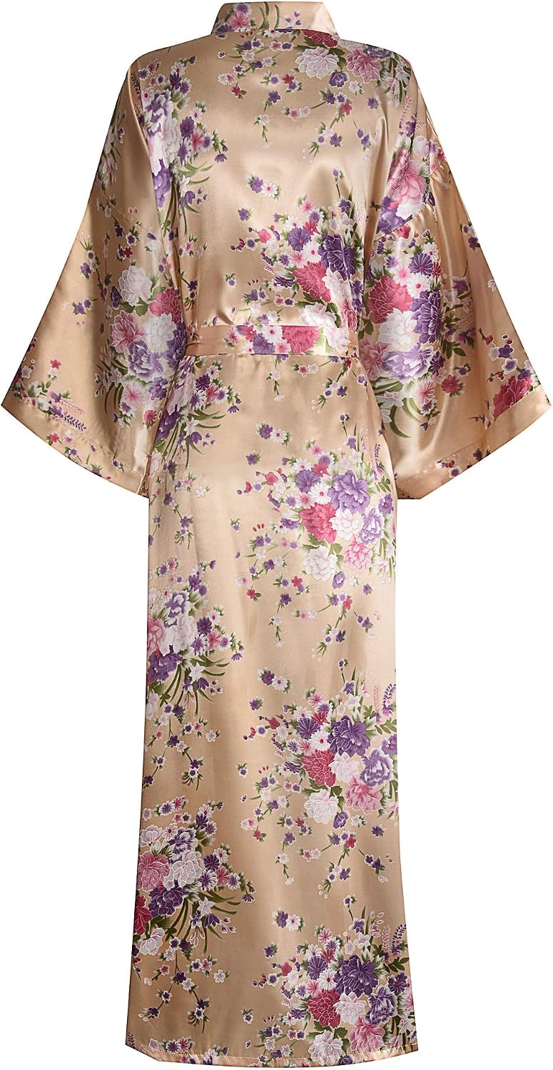 Women's Long Kimono Robes Silky Floral Bathrobe with Blossoms Printed Bridesmaid Wedding Nightgown