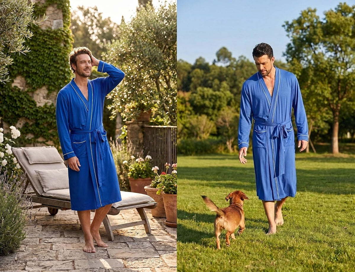 PrinStory Mens Lightweight Robe Soft Knit Kimono Long Bathrobe Loungewear