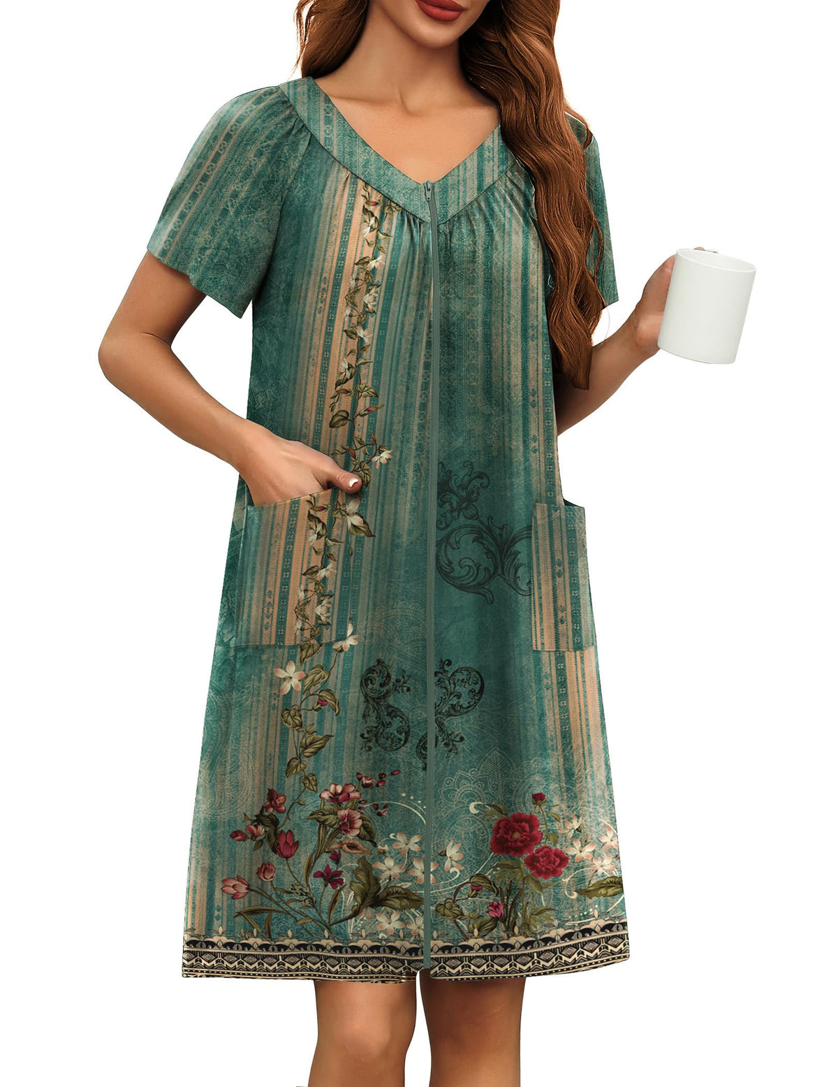 Ekouaer Women's Zipper Front Mumu Duster Robes with Pockets Soft Housecoat