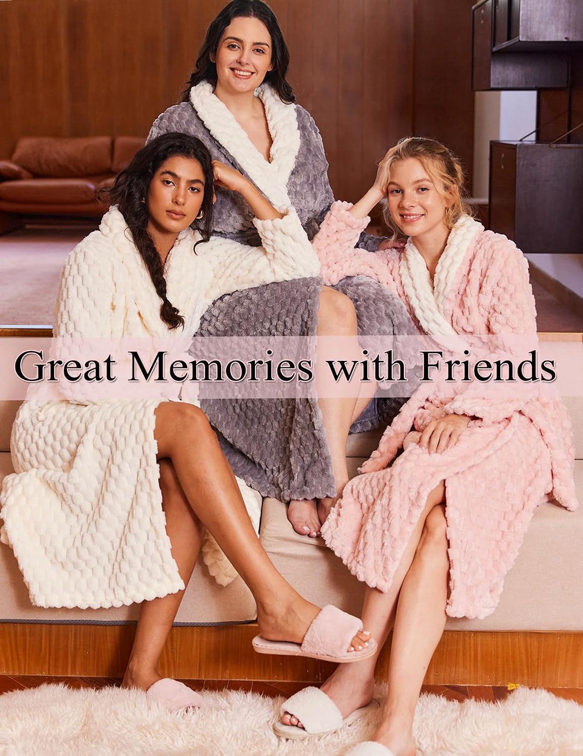 Ekouaer Women's Robe Long Winter Plush Jacquard Bathrobe with Pockets S-XXL