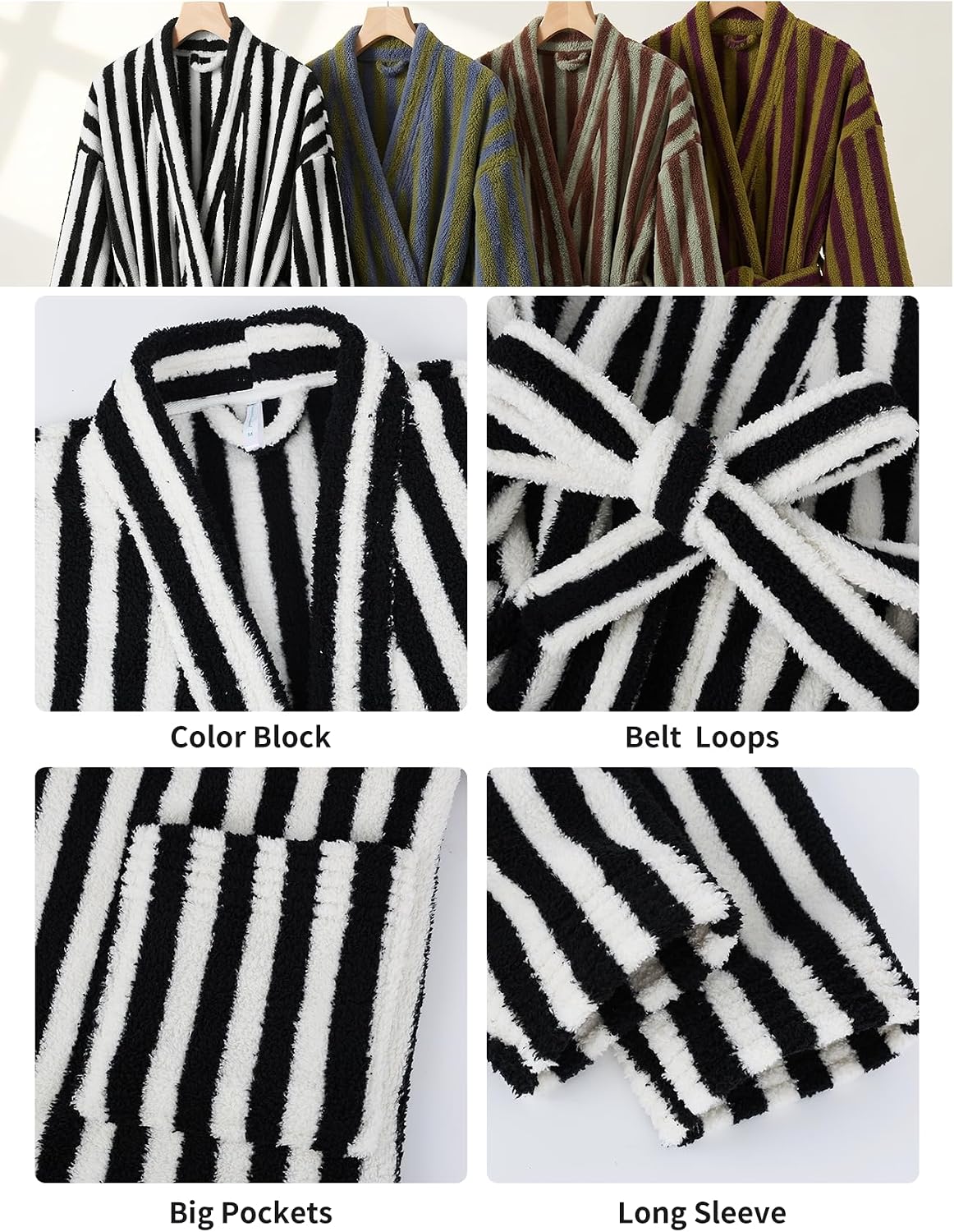 Arssm Womens Striped Fluffy Robe Long Plush Fuzzy Warm Bathrobes