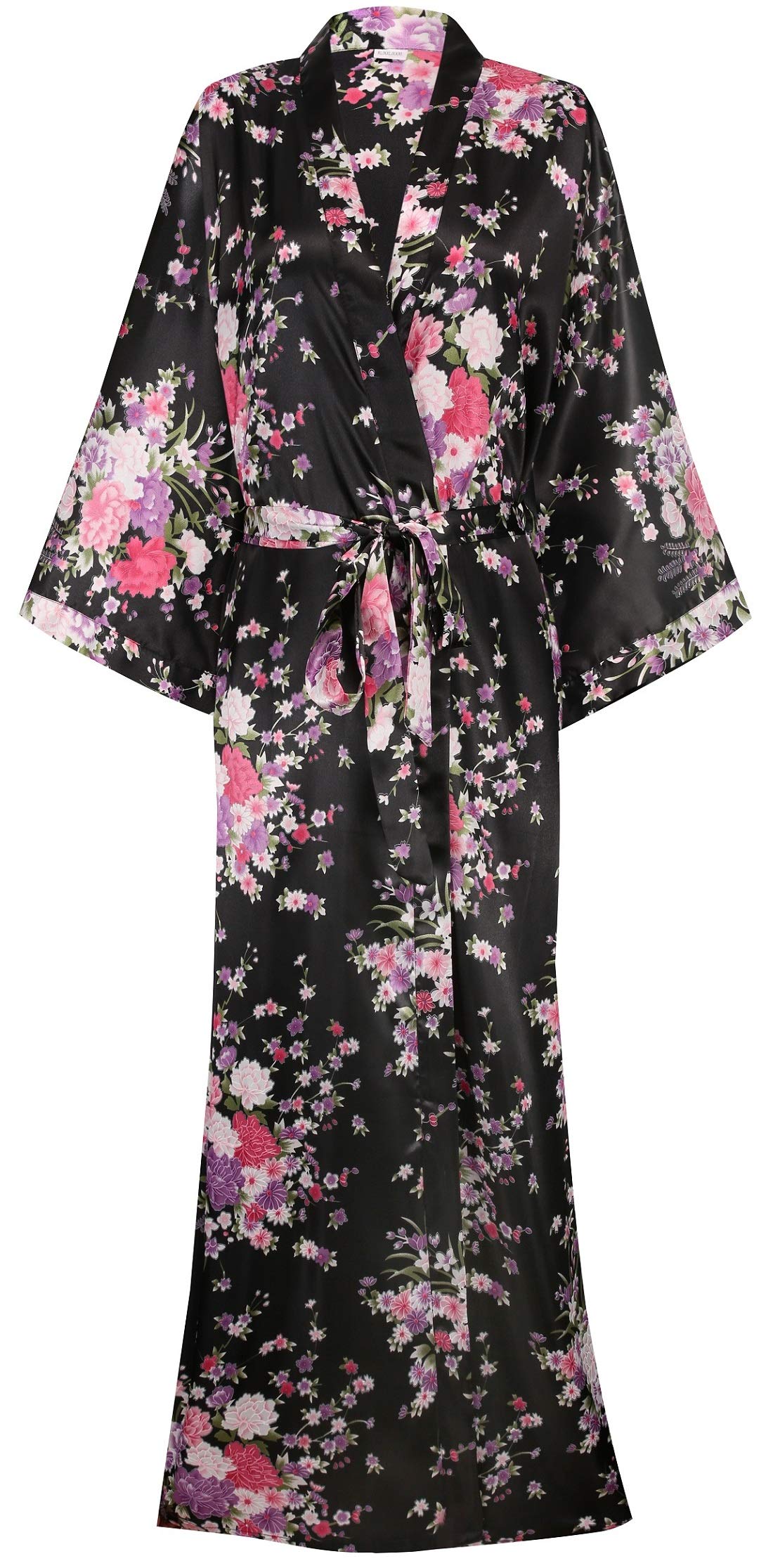 Women's Long Kimono Robes Silky Floral Bathrobe with Blossoms Printed Bridesmaid Wedding Nightgown