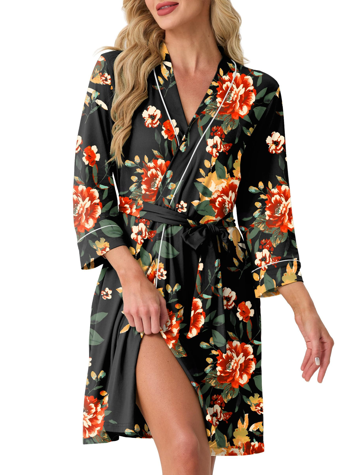 PrinStory Womens Robe Knee Length Soft Knit Bathrobe S-2XL