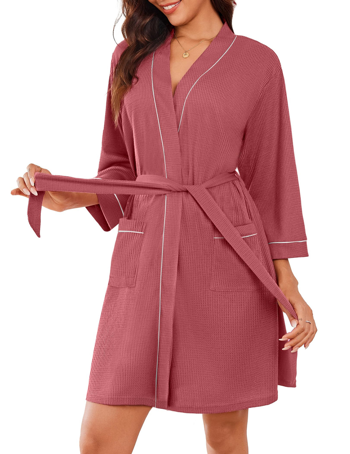 Ekouaer Women Robes Waffle Knee Length Bathrobe Lightweight Soft Sleepwear V neck 3/4 Sleeve Casual Ladies Loungewear S-XXL
