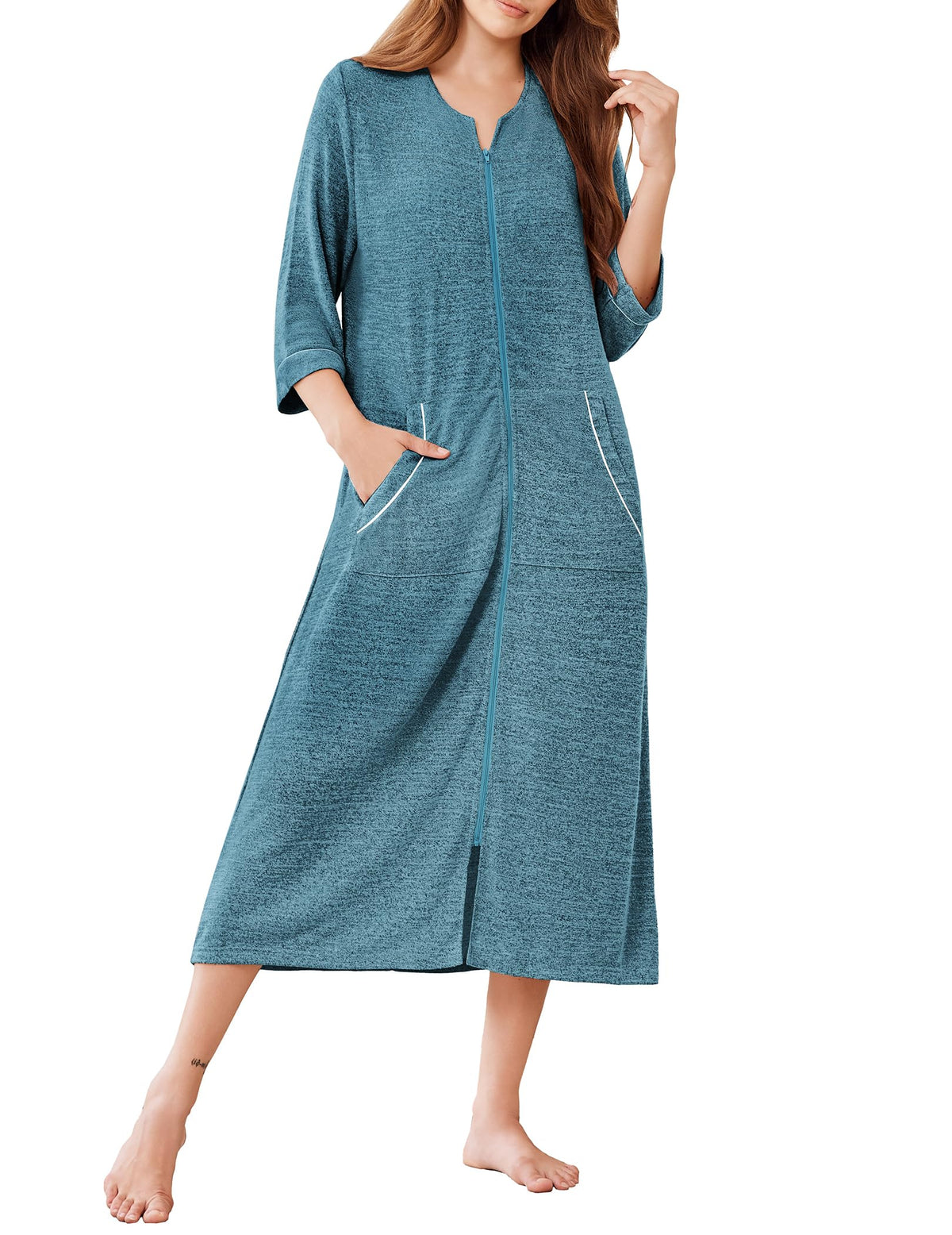Ekouaer Zipper Robes for Women 3/4 Sleeve Bathrobe Lightweight House Coats