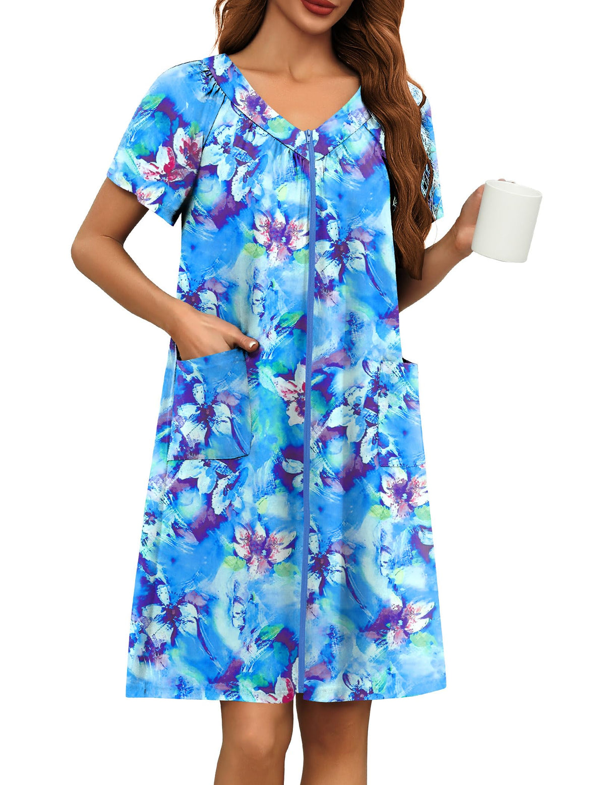 Ekouaer Women's Zipper Front Mumu Duster Robes with Pockets Soft Housecoat