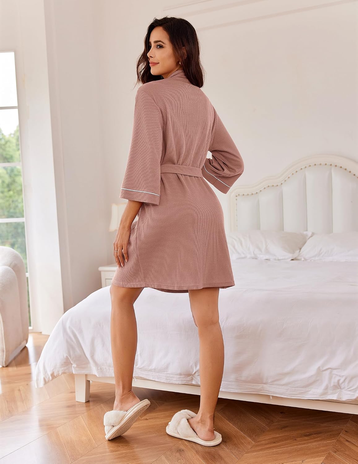 Ekouaer Women Robes Waffle Knee Length Bathrobe Lightweight Soft Sleepwear V neck 3/4 Sleeve Casual Ladies Loungewear S-XXL