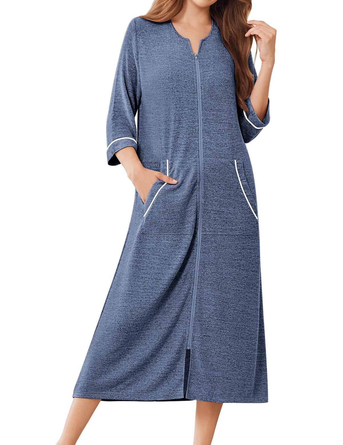 Ekouaer Zipper Robes for Women 3/4 Sleeve Bathrobe Lightweight House Coats