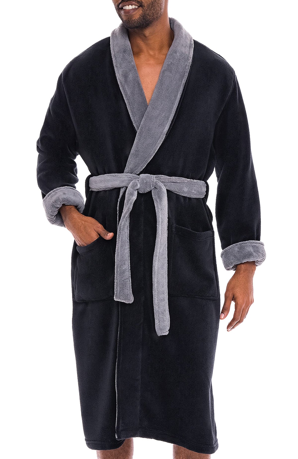 Men's Long Sleeve Lightweight Fleece Robe with Pockets, Bathrobe