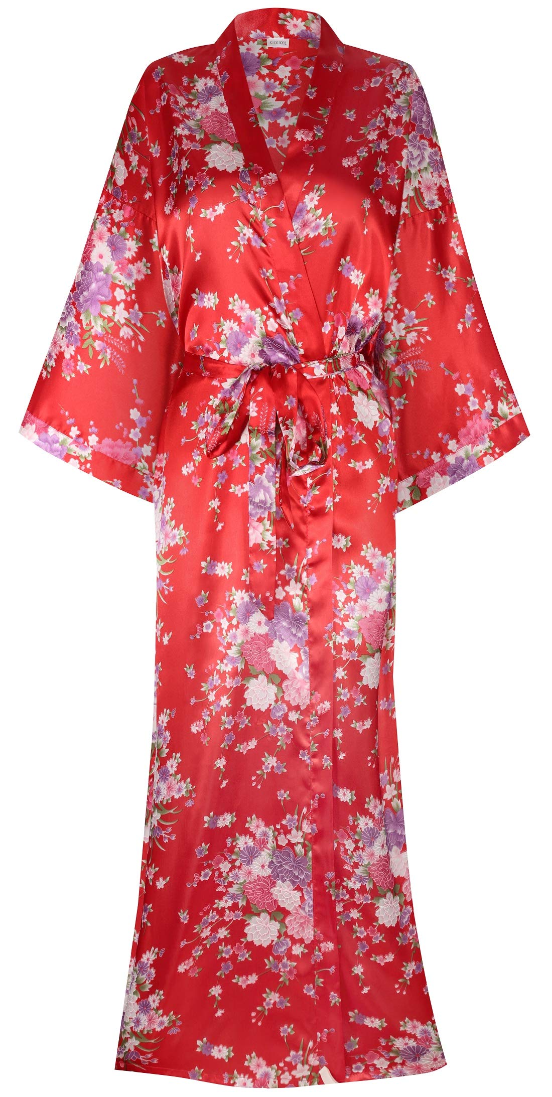 Women's Long Kimono Robes Silky Floral Bathrobe with Blossoms Printed Bridesmaid Wedding Nightgown