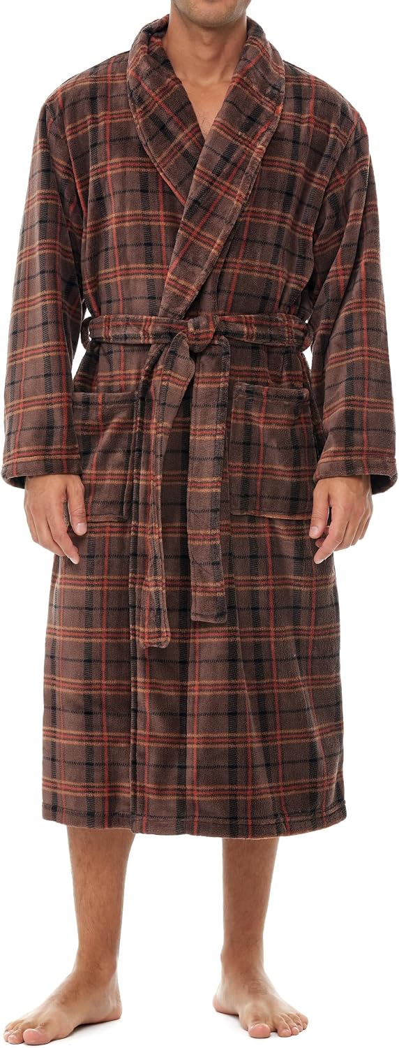 Men's Long Sleeve Lightweight Fleece Robe with Pockets, Bathrobe