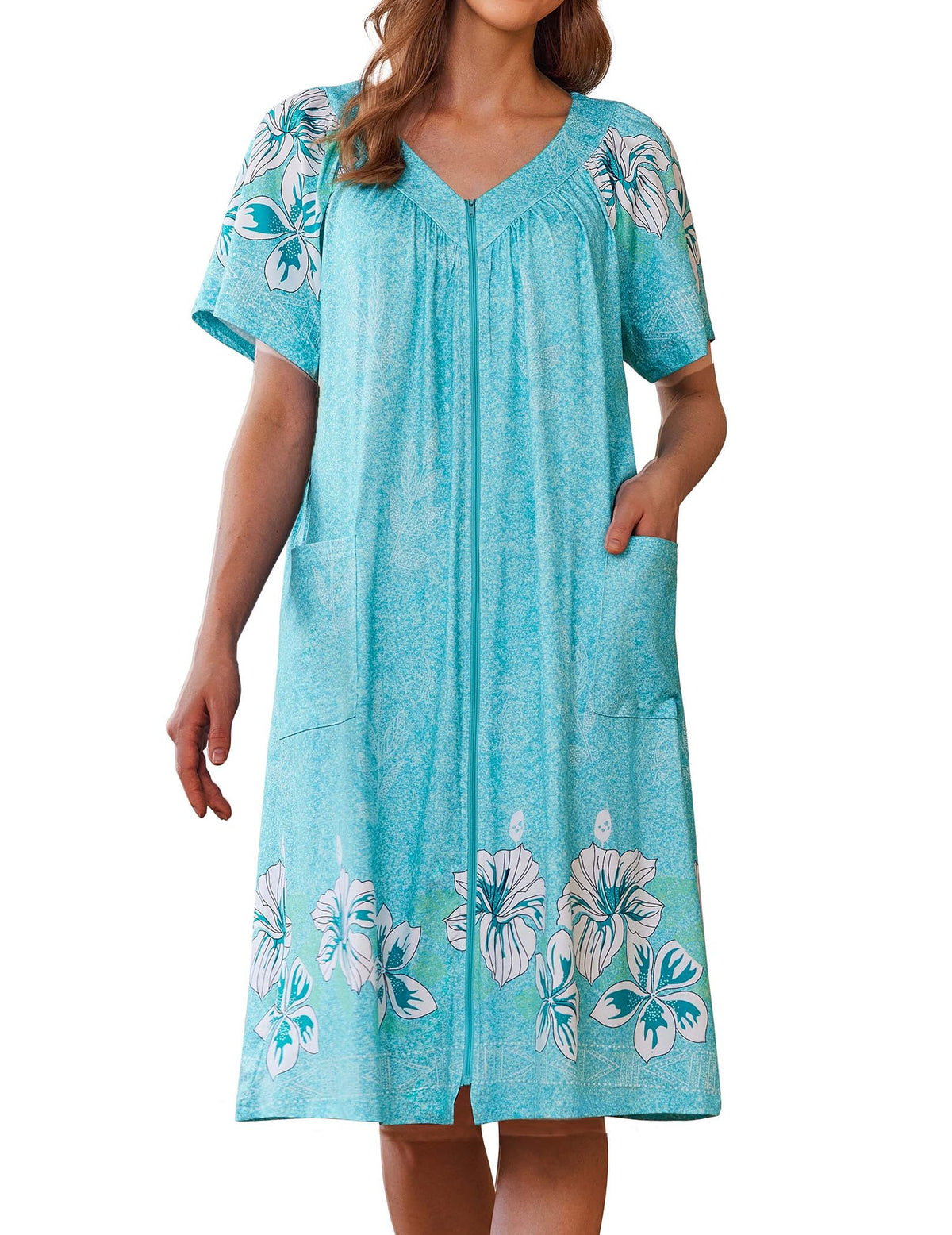 Ekouaer Women's Zipper Front Mumu Duster Robes with Pockets Soft Housecoat