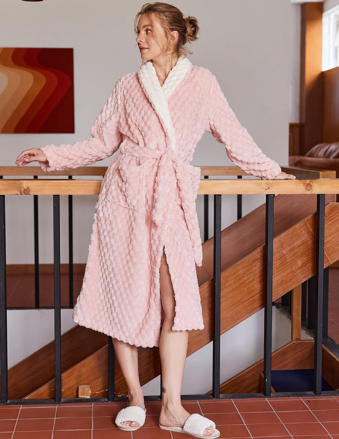 Ekouaer Women's Robe Long Winter Plush Jacquard Bathrobe with Pockets S-XXL