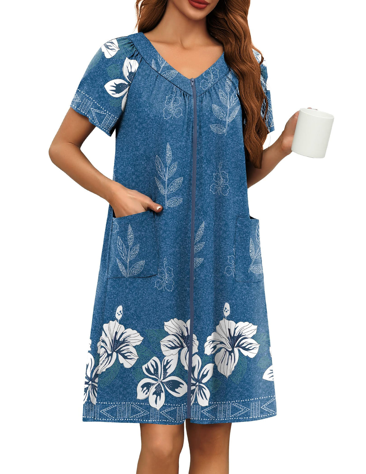 Ekouaer Women's Zipper Front Mumu Duster Robes with Pockets Soft Housecoat