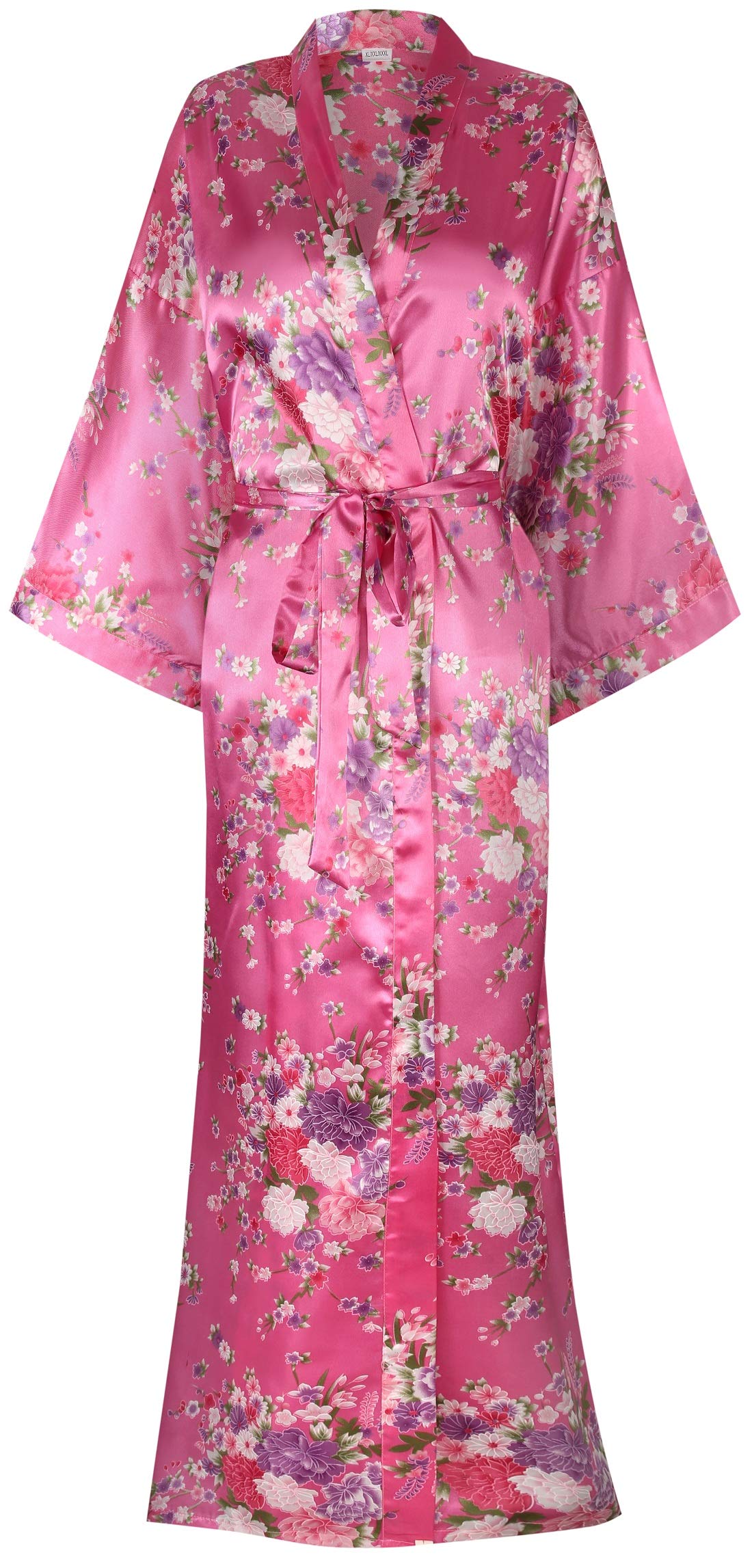 Women's Long Kimono Robes Silky Floral Bathrobe with Blossoms Printed Bridesmaid Wedding Nightgown
