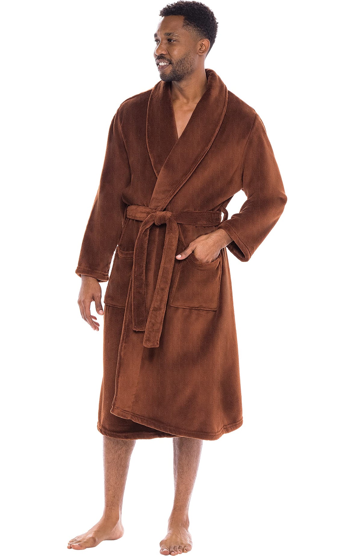 Men's Long Sleeve Lightweight Fleece Robe with Pockets, Bathrobe