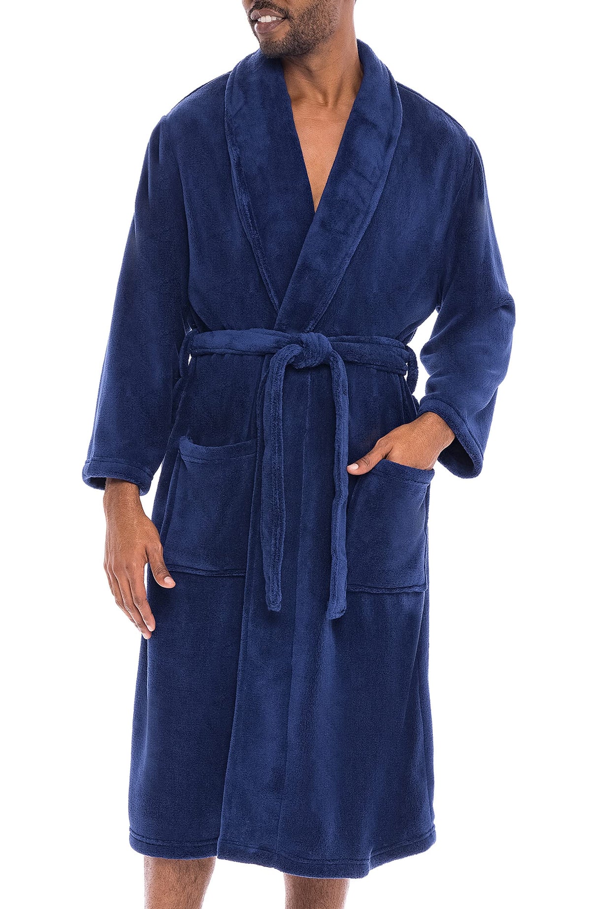 Men's Long Sleeve Lightweight Fleece Robe with Pockets, Bathrobe