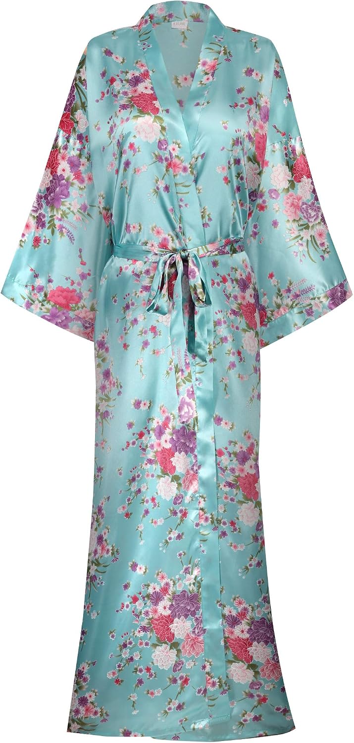 Women's Long Kimono Robes Silky Floral Bathrobe with Blossoms Printed Bridesmaid Wedding Nightgown