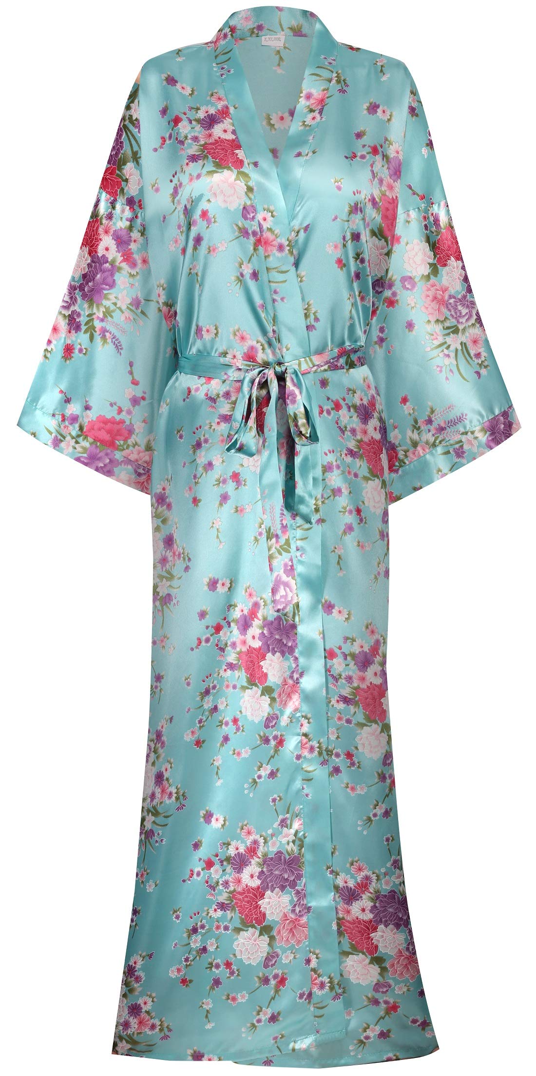 Women's Long Kimono Robes Silky Floral Bathrobe with Blossoms Printed Bridesmaid Wedding Nightgown