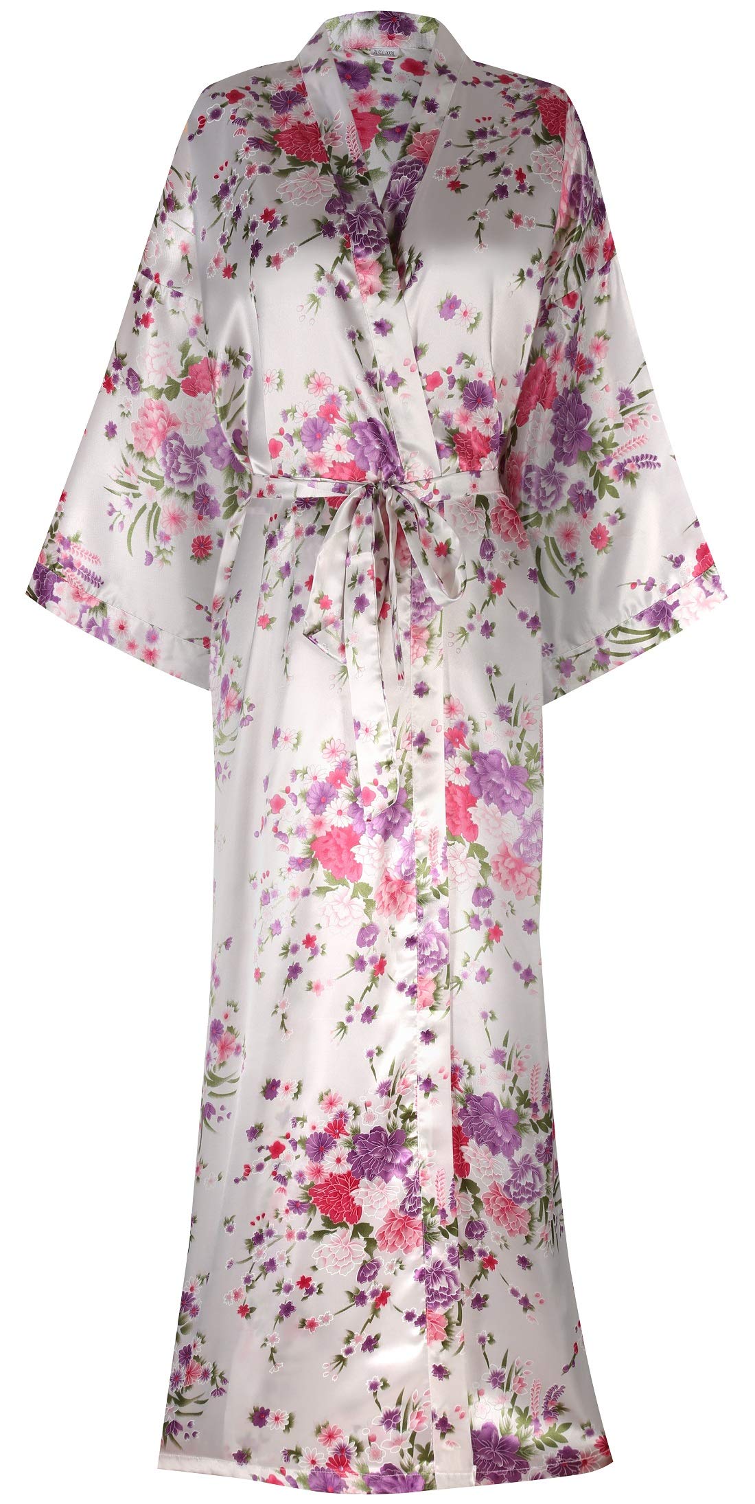 Women's Long Kimono Robes Silky Floral Bathrobe with Blossoms Printed Bridesmaid Wedding Nightgown
