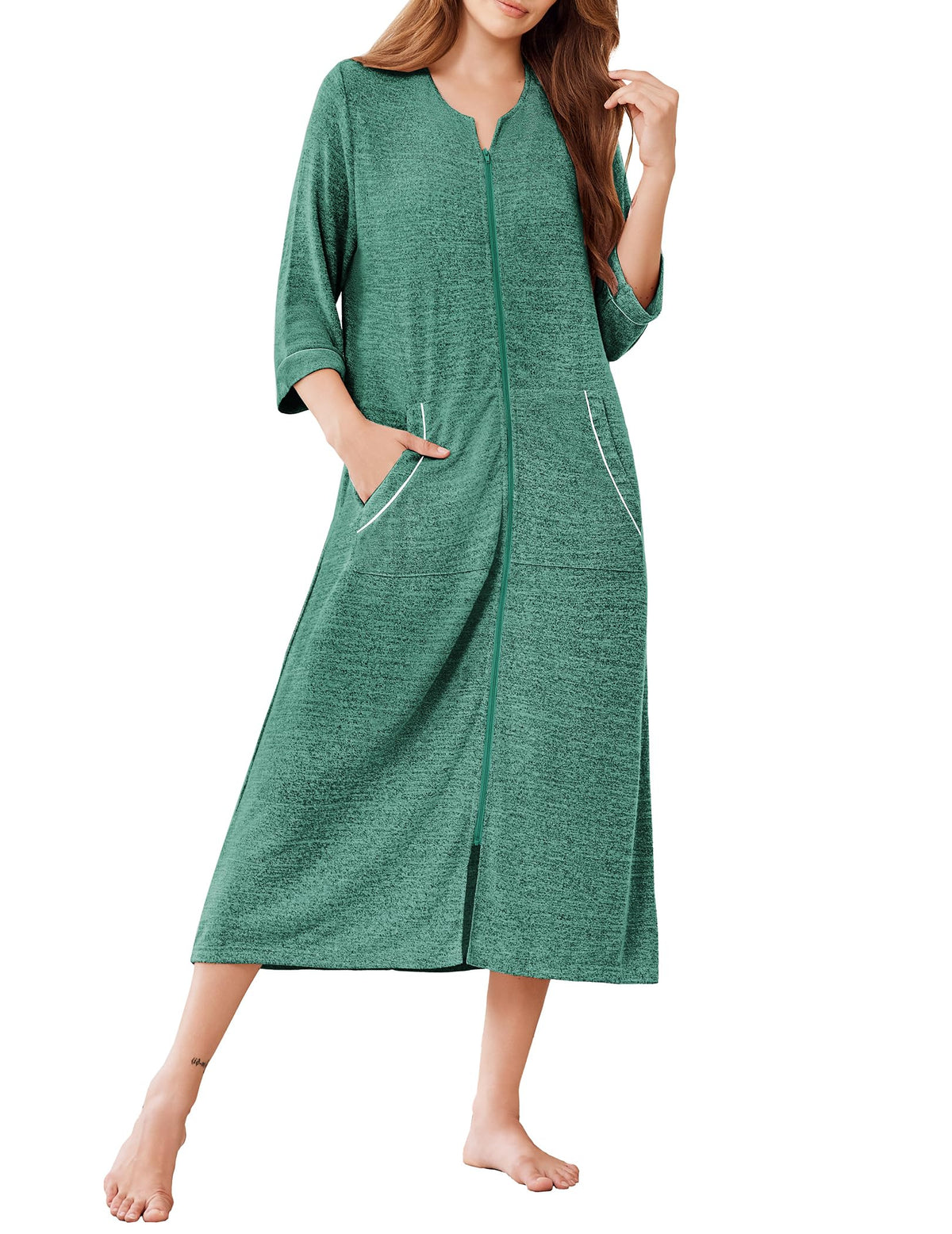 Ekouaer Zipper Robes for Women 3/4 Sleeve Bathrobe Lightweight House Coats