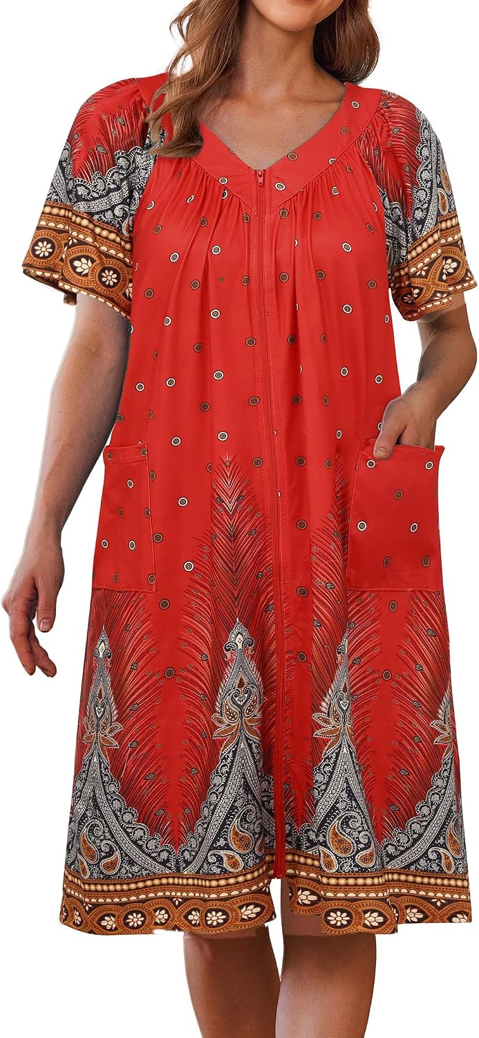Ekouaer Women's Zipper Front Mumu Duster Robes with Pockets Soft Housecoat
