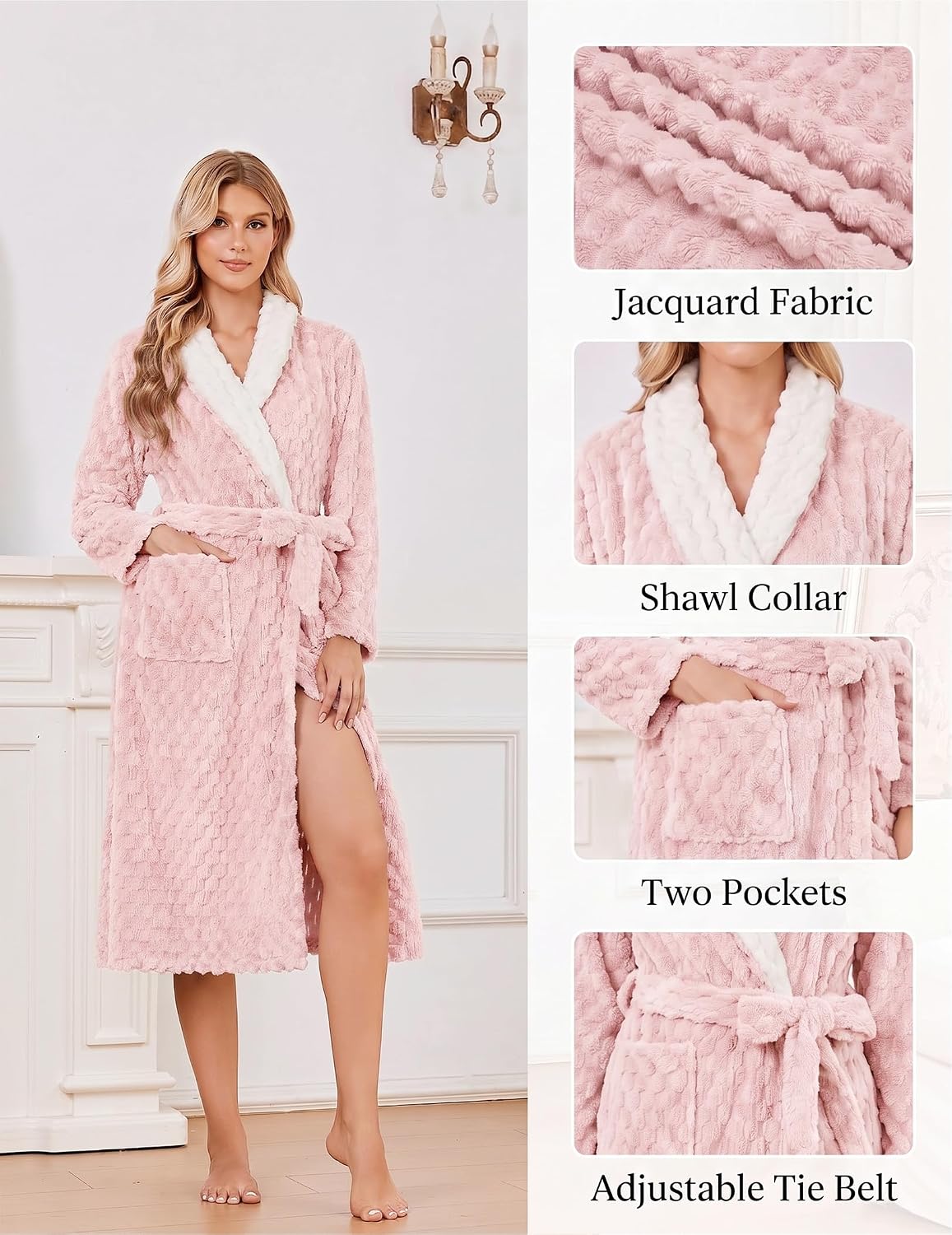 Ekouaer Women's Robe Long Winter Plush Jacquard Bathrobe with Pockets S-XXL