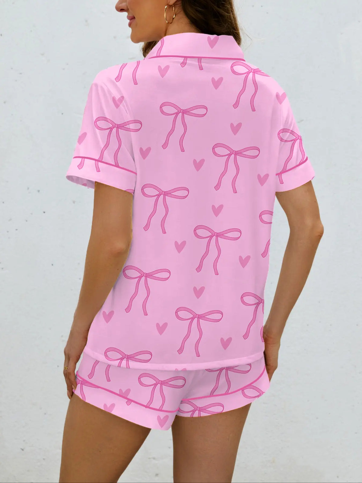 Women's Bowknot Printed Pyjama Set, Casual Outdoor Wear, Soft Shirt & Elastic Shorts, All-Season Comfortable Home Clothing, Homewear, Loungewear, Pajamas, Pyjamas Set, Pj Set
