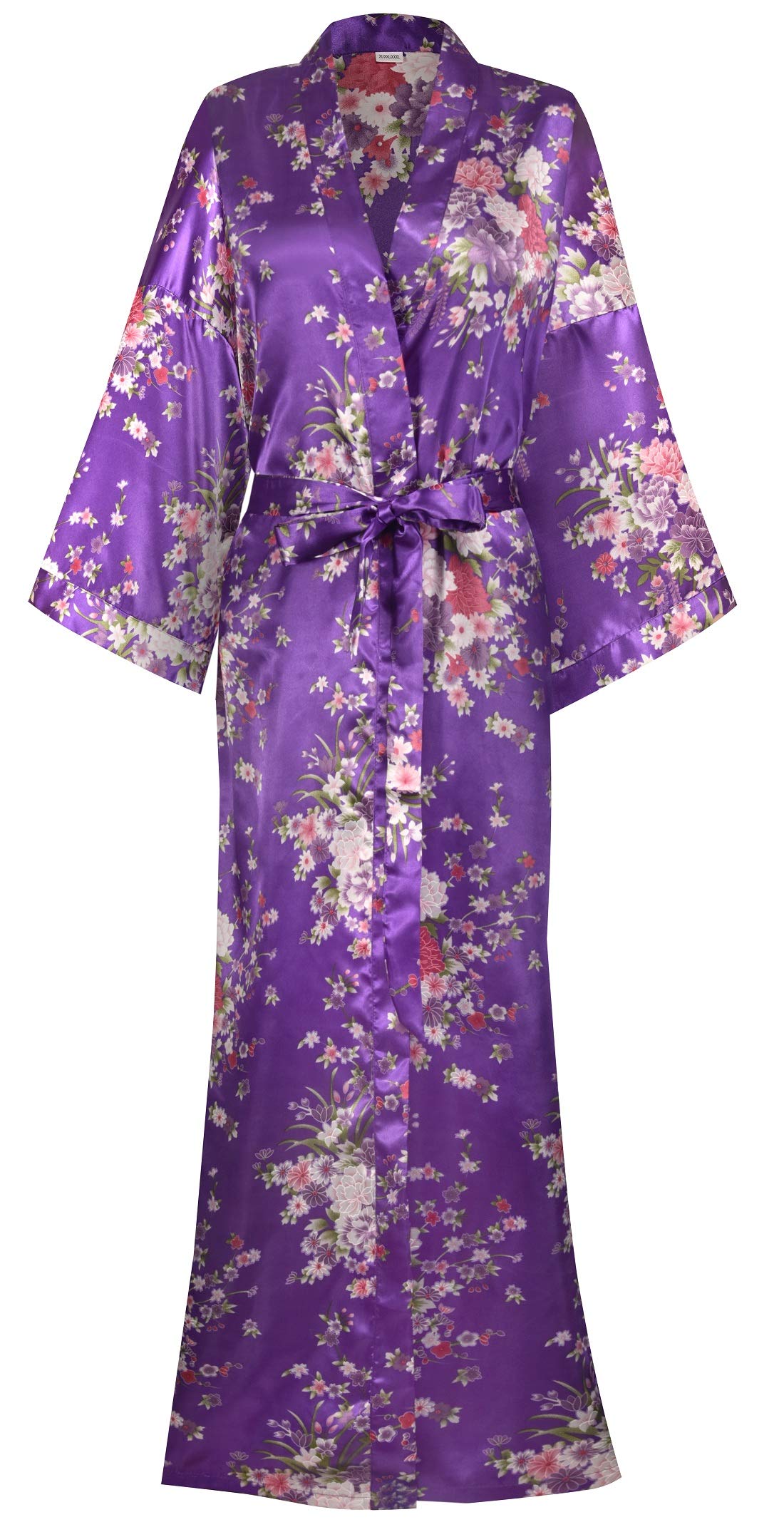 Women's Long Kimono Robes Silky Floral Bathrobe with Blossoms Printed Bridesmaid Wedding Nightgown