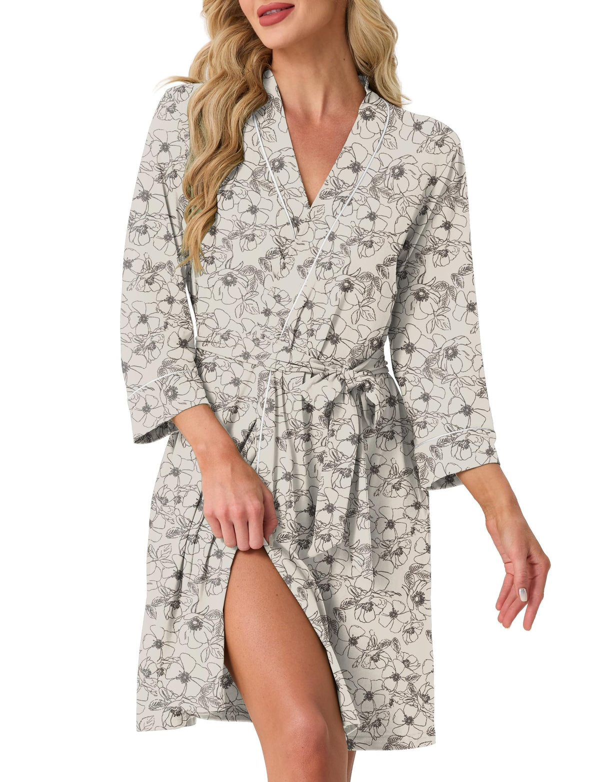 PrinStory Womens Robe Knee Length Soft Knit Bathrobe S-2XL