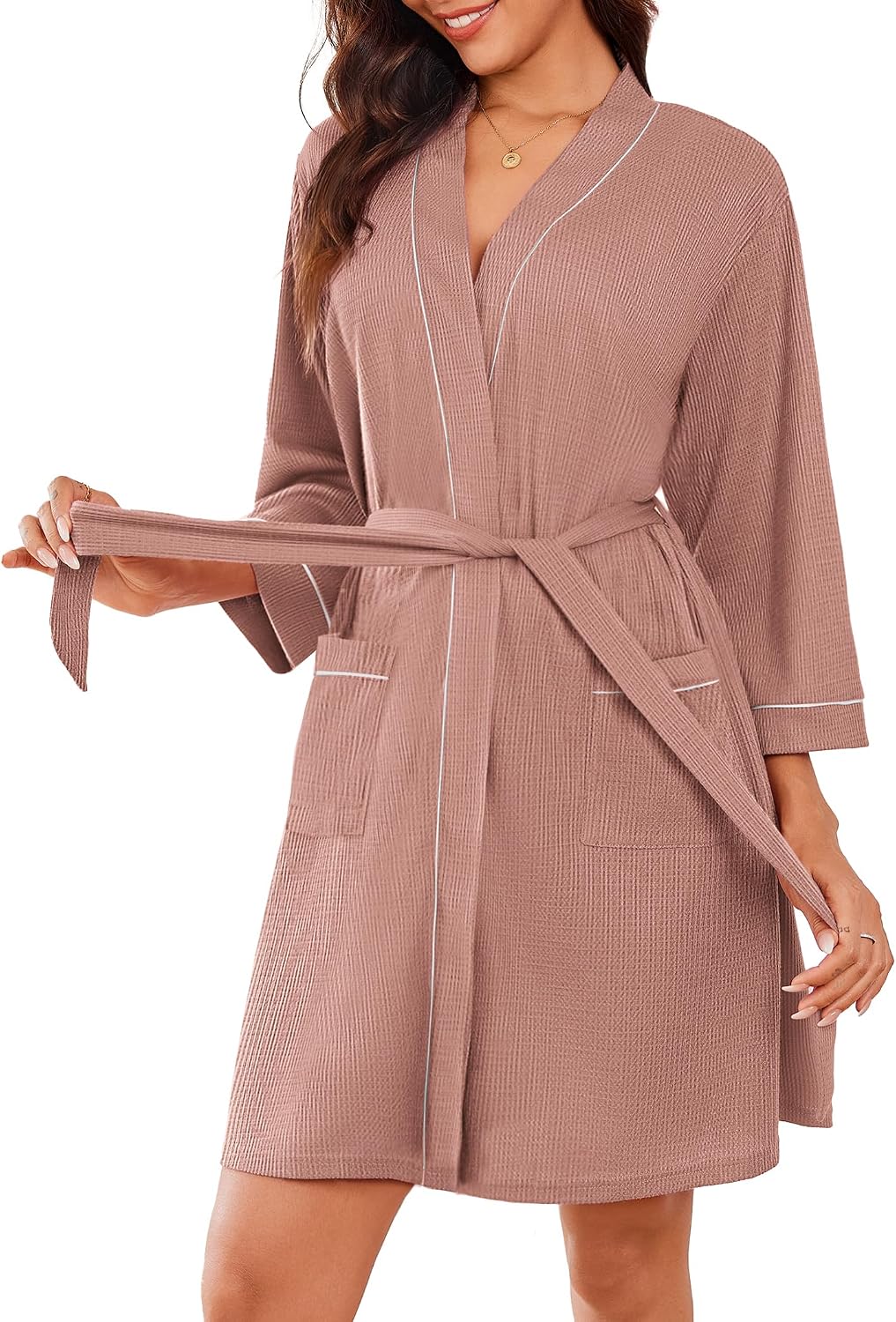 Ekouaer Women Robes Waffle Knee Length Bathrobe Lightweight Soft Sleepwear V neck 3/4 Sleeve Casual Ladies Loungewear S-XXL