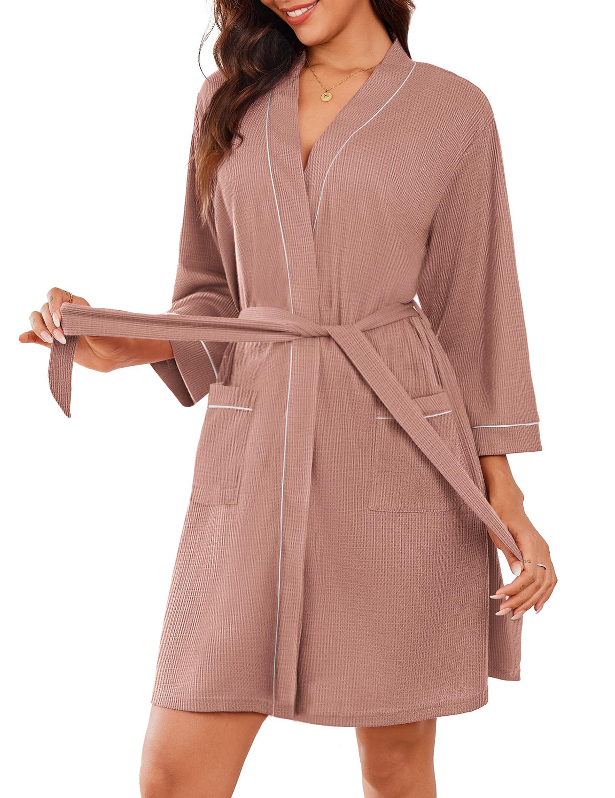 Ekouaer Women Robes Waffle Knee Length Bathrobe Lightweight Soft Sleepwear V neck 3/4 Sleeve Casual Ladies Loungewear S-XXL