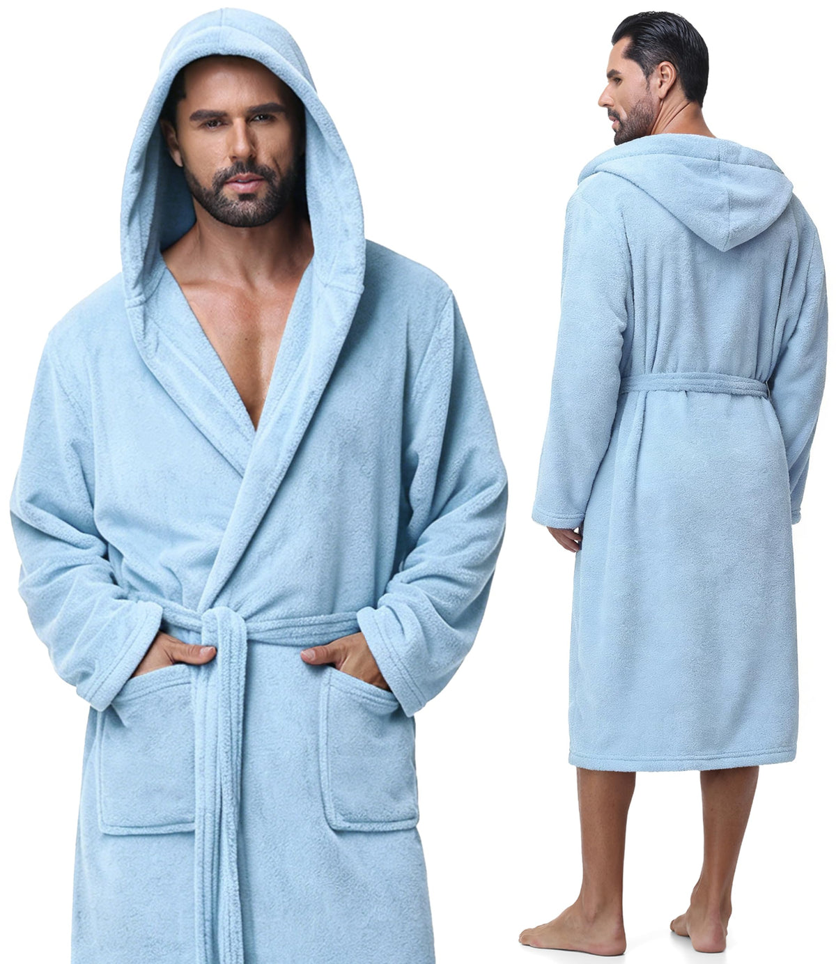 Absorbent Fleece Mens Robe with Hood Warm Cozy Ultra Soft Bathrobe Luxury Quick Dry Spa Towel Robe for Men