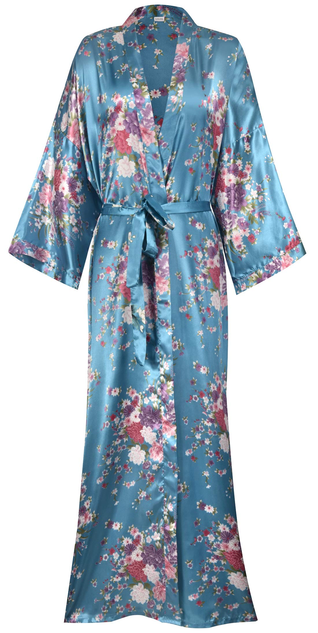 Women's Long Kimono Robes Silky Floral Bathrobe with Blossoms Printed Bridesmaid Wedding Nightgown