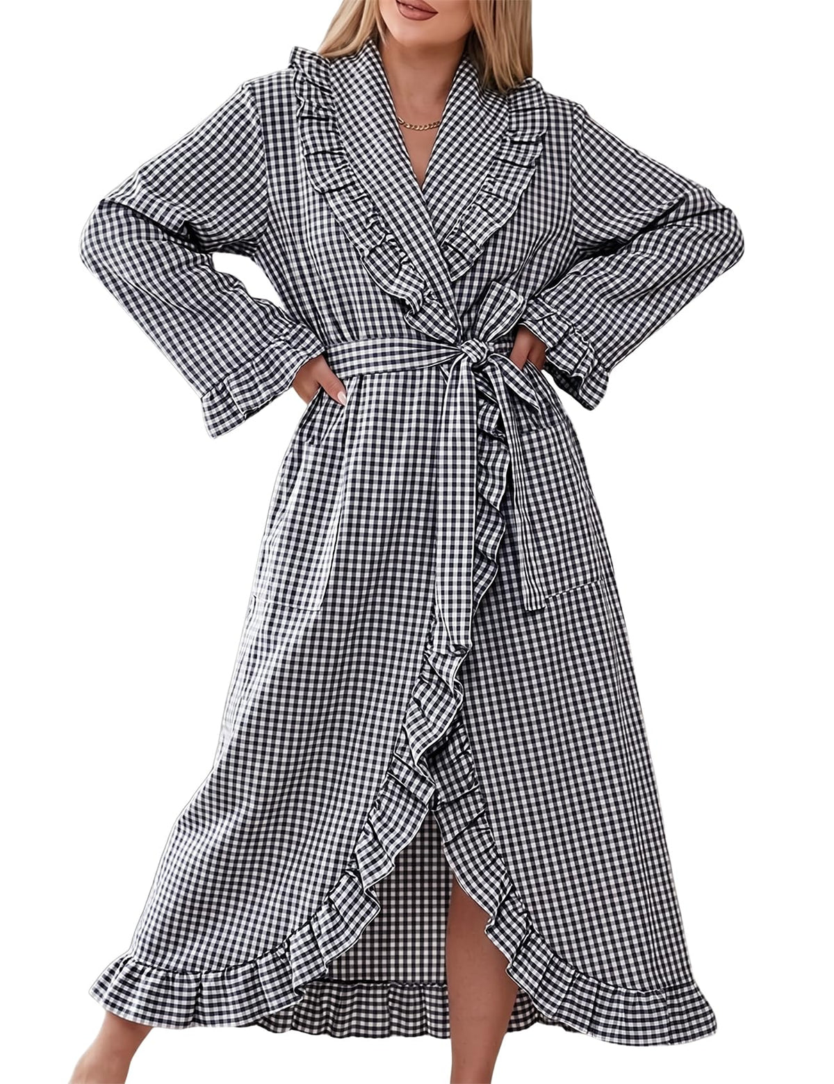 Gihuo Cotton Robes for Women Gingham Long Sleeve Ruffle Trim Bathrobe