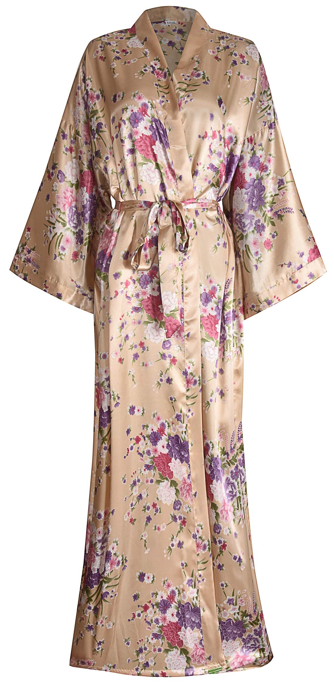 Women's Long Kimono Robes Silky Floral Bathrobe with Blossoms Printed Bridesmaid Wedding Nightgown