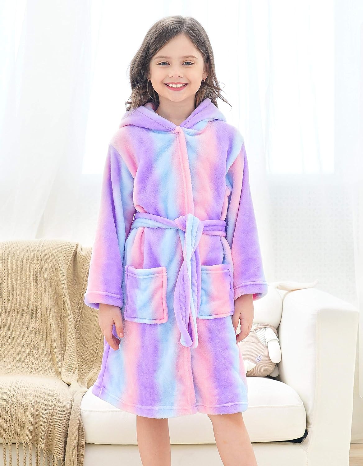 Doctor Unicorn Soft Hooded Rainbow Bathrobe Sleepwear for Girls