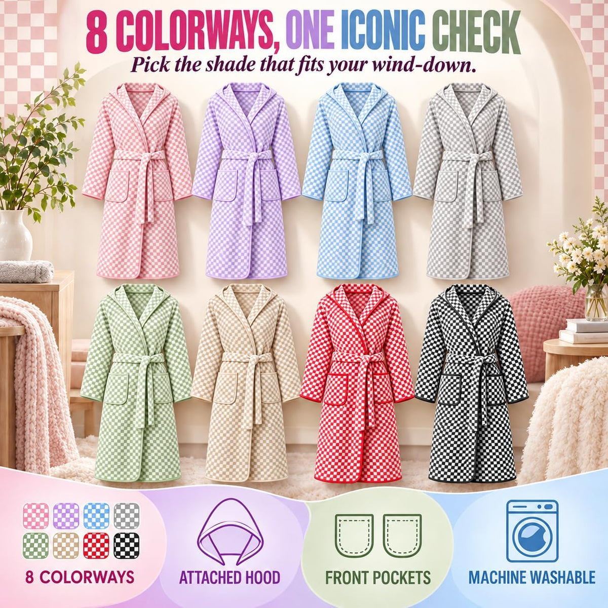 PJGGZ Checkered Hooded Bathrobe for Women, Lightweight Microfiber Towel Material Quick Dry Soft Absorbent Y2K Trendy Robe