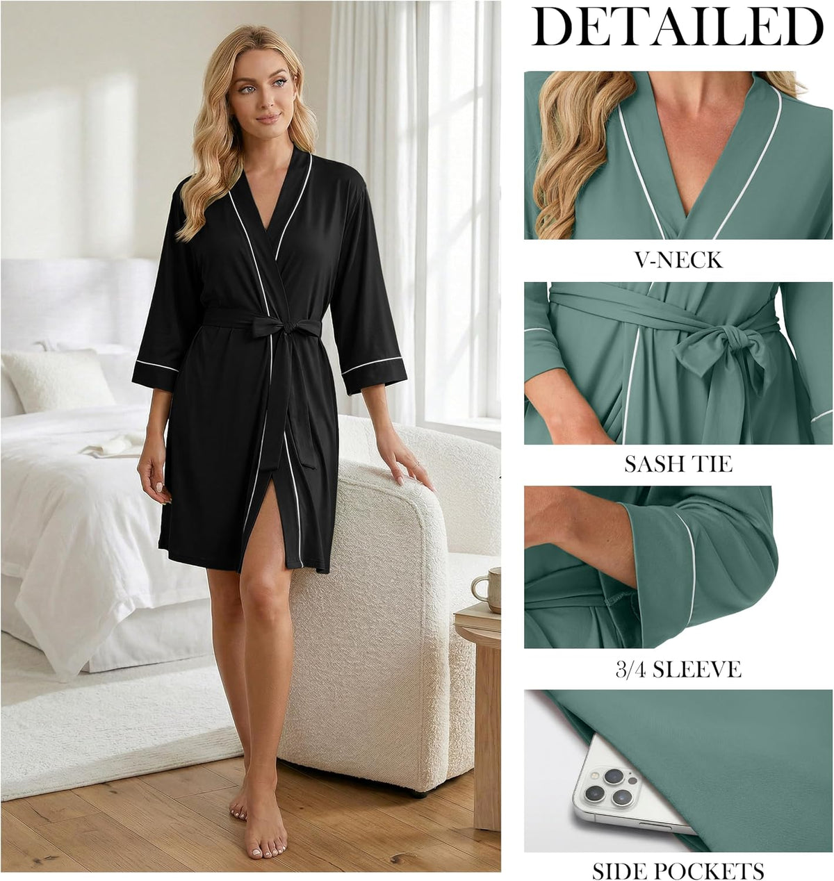 PrinStory Womens Robe Knee Length Soft Knit Bathrobe S-2XL
