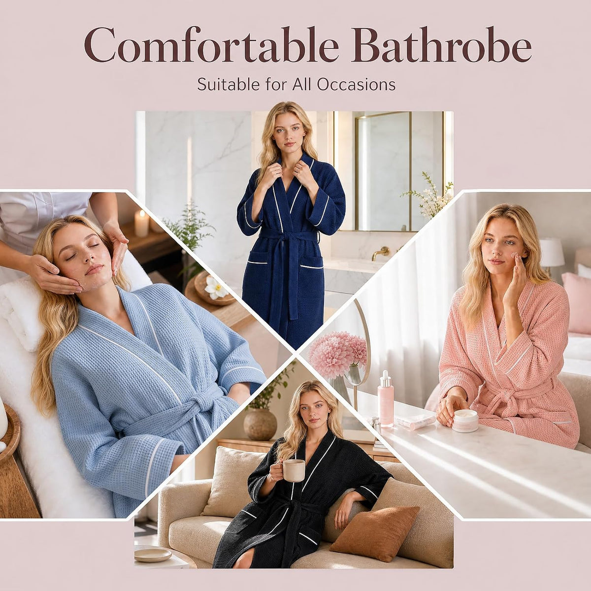 Inner Wish Women's Cotton Waffle Kimono Robe, Lightweight Quick Dry Spa Shower Robe with Pockets