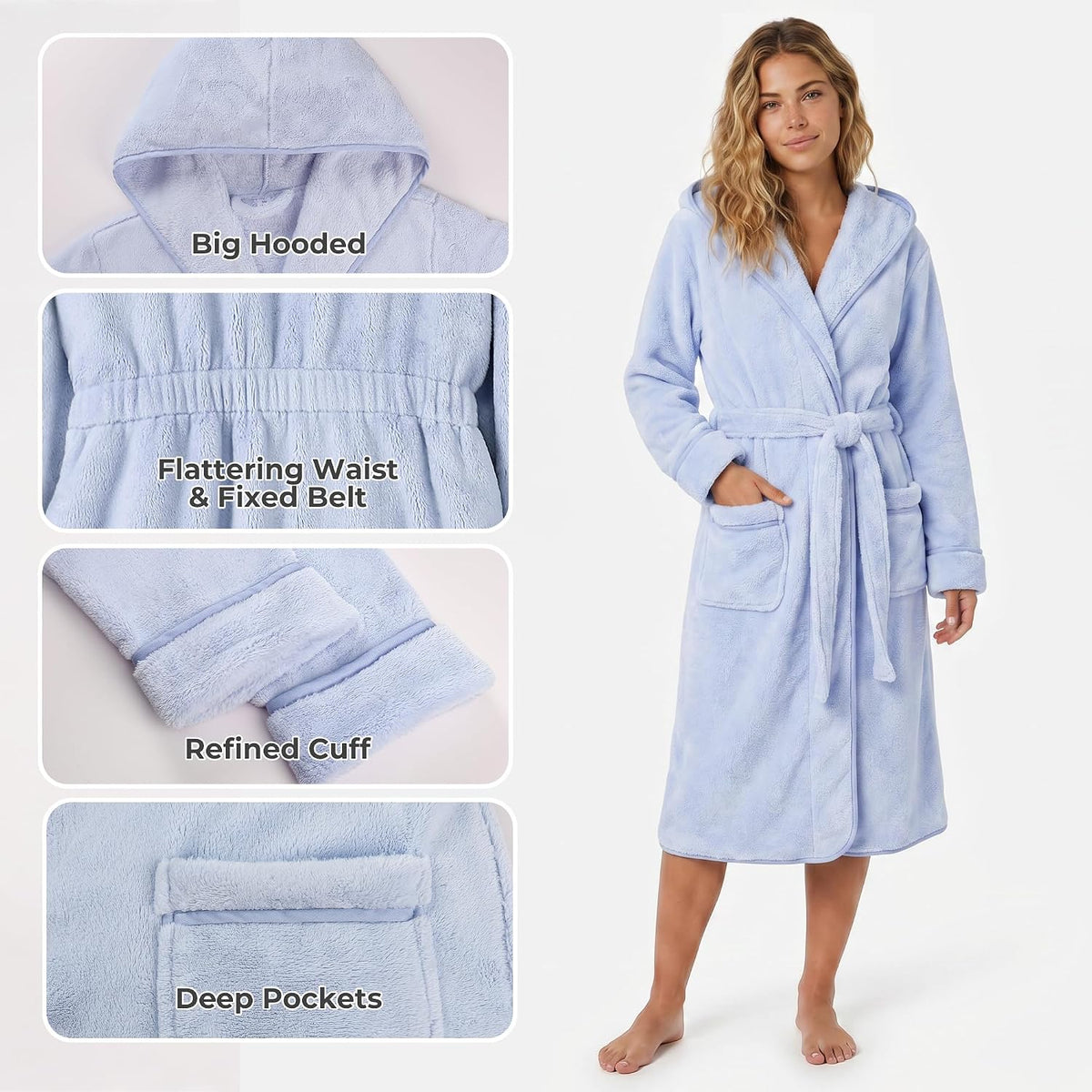 HEARTNICE Womens Hooded Fluffy Robe, Soft Long Bathrobe with Cinched Waist, Cozy Housecoat with Pockets