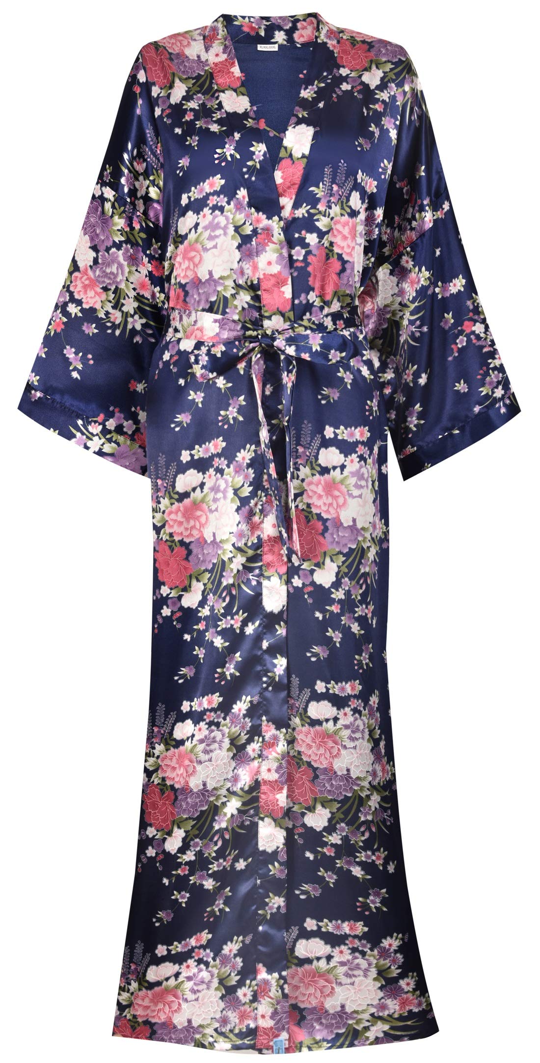 Women's Long Kimono Robes Silky Floral Bathrobe with Blossoms Printed Bridesmaid Wedding Nightgown