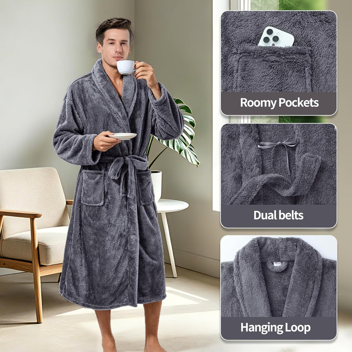 Inner Wish Mens Plush Fleece Robe, Highly Absorbent Cozy Warm Bathrobe Fuzzy Male Spa Long Robe With Pockets
