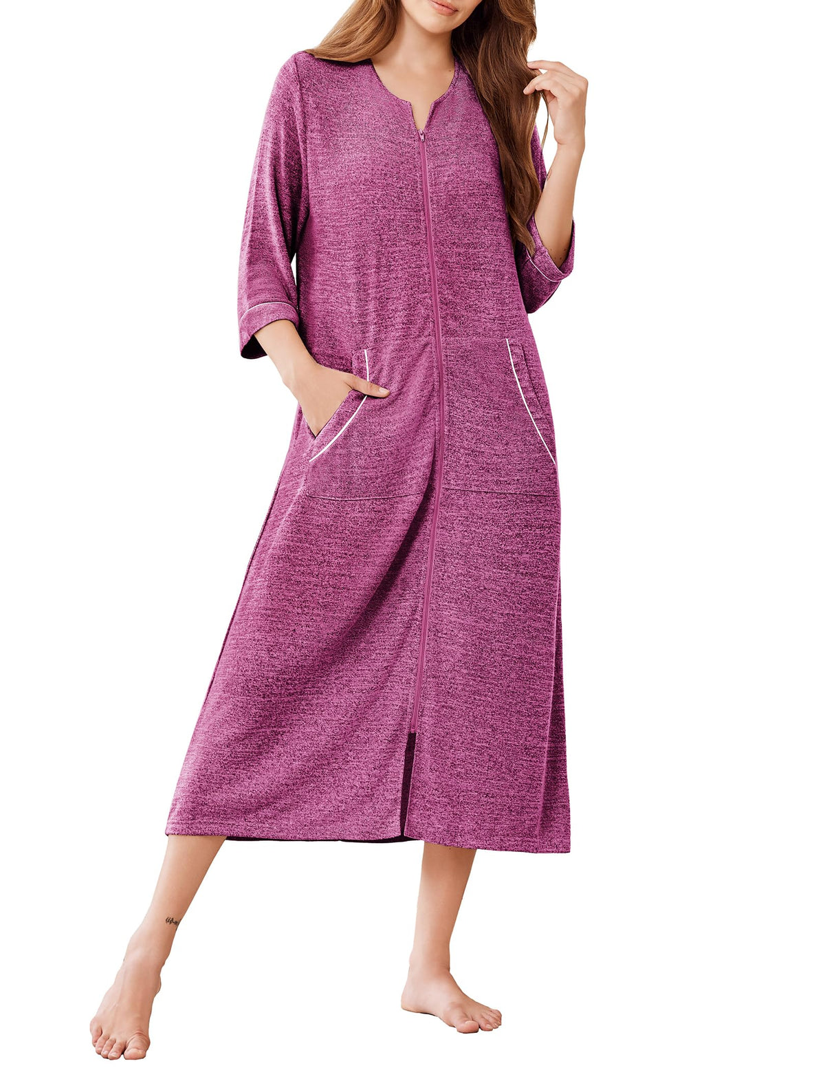 Ekouaer Zipper Robes for Women 3/4 Sleeve Bathrobe Lightweight House Coats