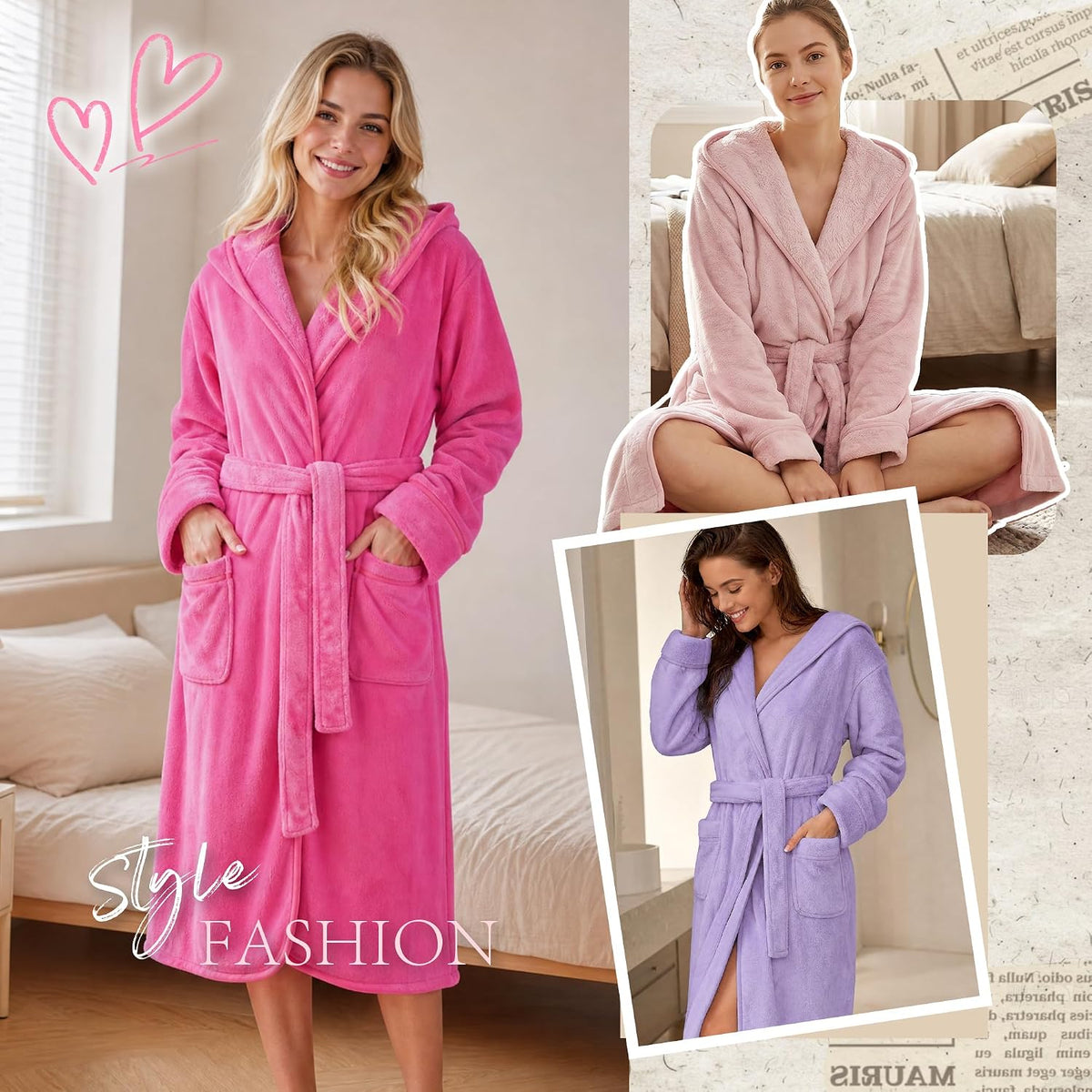 HEARTNICE Womens Hooded Fluffy Robe, Soft Long Bathrobe with Cinched Waist, Cozy Housecoat with Pockets