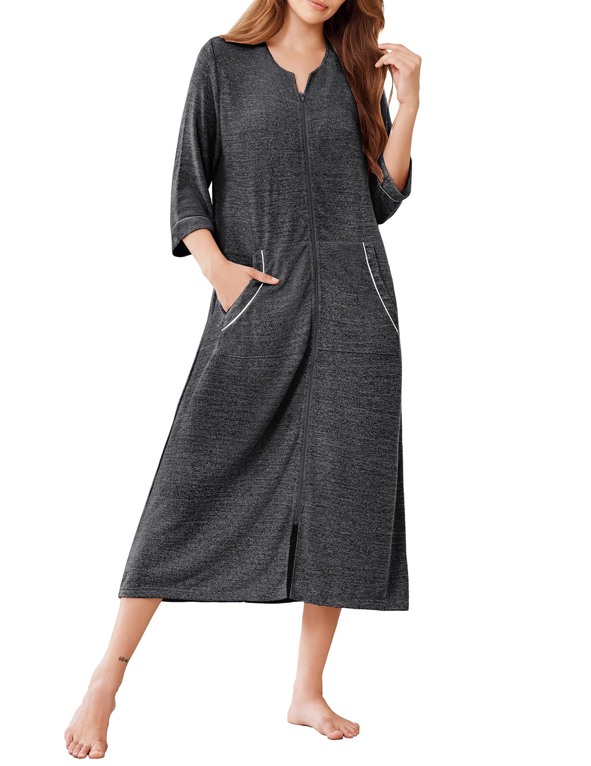 Ekouaer Zipper Robes for Women 3/4 Sleeve Bathrobe Lightweight House Coats